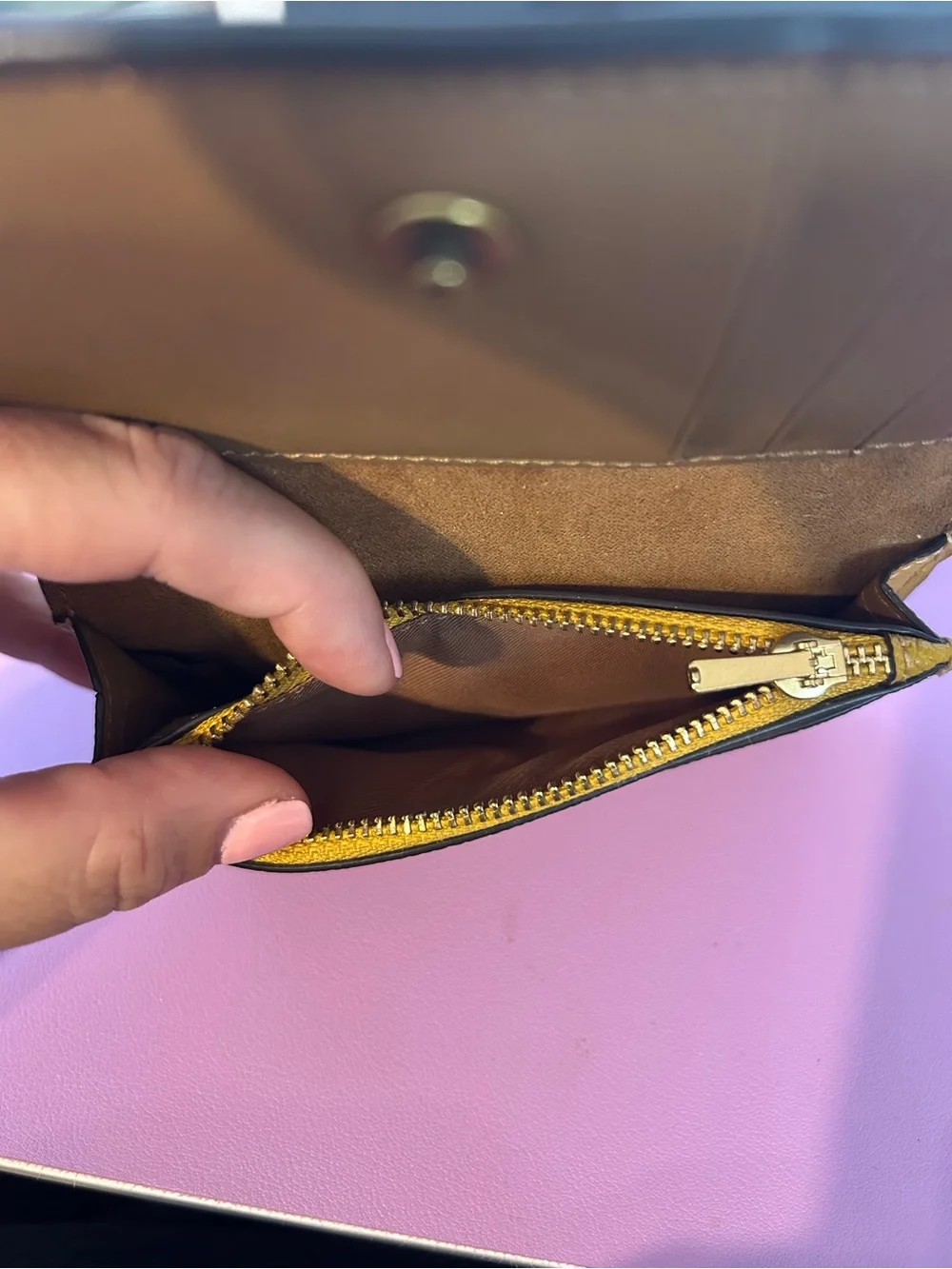 Coach Yellow Leather Compact Wallet with Gold 'C' Accent